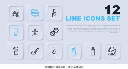 Set line Bottle of shampoo, Makeup powder with mirror, Tube hand cream, liquid soap, Cream lotion cosmetic tube, Lip augmentation, Bar and Acne icon. Vector