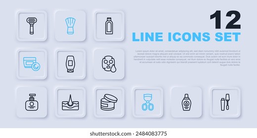 Set line Bottle of shampoo, Mascara brush, Eyelash curler, Cream or lotion cosmetic tube, Human hair follicle, Makeup and  icon. Vector