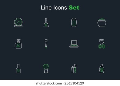 Set line Bottle of shampoo, Mascara brush, Makeup, nail polish, Eyelash curler, shadow palette with, Cream or lotion cosmetic tube and Tube hand cream icon. Vector