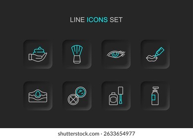 Set line Bottle of shampoo, nail polish, Makeup powder with mirror, Acne, Lip augmentation, Woman eye, brush and Shaving foam hand icon. Vector