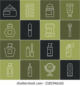 Set line Bottle of shampoo, Perfume, Makeup brush, Antiperspirant deodorant roll, Nail file, Cream lotion cosmetic tube and  icon. Vector
