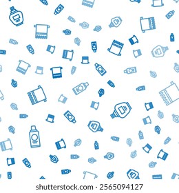 Set line Bottle of shampoo, Perfume and Towel on hanger on seamless pattern. Vector