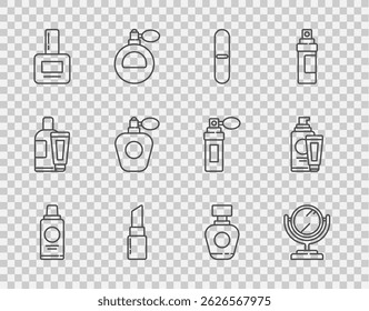 Set line Bottle of shampoo, Round makeup mirror, Nail file, Lipstick, polish bottle, Perfume,  and Cream lotion cosmetic tube icon. Vector