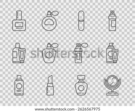 Set line Bottle of shampoo, Round makeup mirror, Nail file, Lipstick, polish bottle, Perfume,  and Cream lotion cosmetic tube icon. Vector
