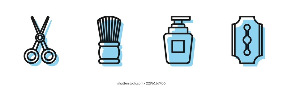Set line Bottle of shampoo, Scissors hairdresser, Shaving brush and Blade razor icon. Vector