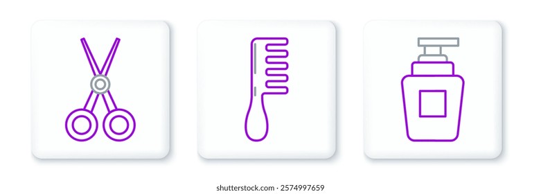 Set line Bottle of shampoo, Scissors hairdresser and Hairbrush icon. Vector