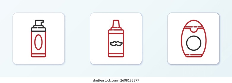 Set line Bottle of shampoo, Shaving gel foam and  icon. Vector