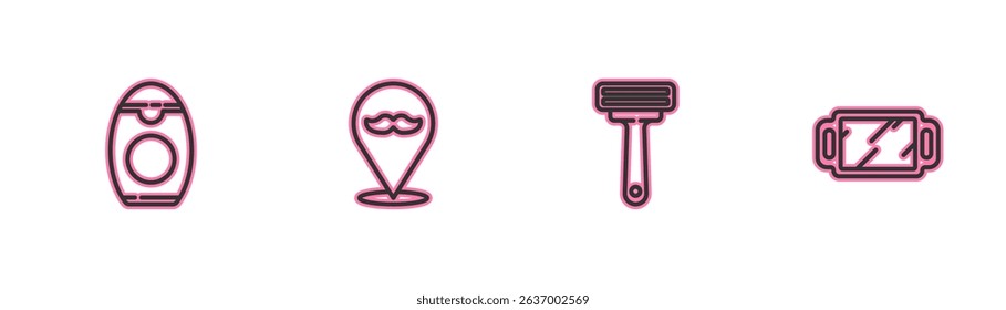 Set line Bottle of shampoo, Shaving razor, Barbershop and Hand mirror icon. Vector