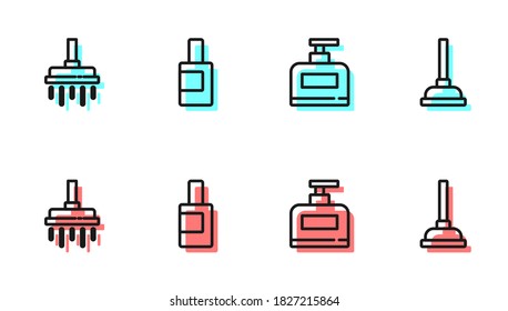 Set line Bottle of shampoo, Shower head, for cleaning agent and Rubber plunger icon. Vector