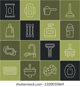 Set line Bottle of shampoo, Shower head, Antiperspirant deodorant roll, Washing powder, Cotton swab for ears, cleaning agent, Wet wipe pack and  icon. Vector