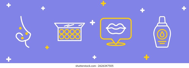 Set line Bottle of shampoo, Smiling lips, Makeup powder with mirror and Acne icon. Vector