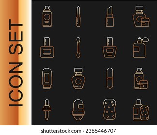 Set line Bottle of shampoo and sponge, Cream or lotion cosmetic tube, Perfume, Lipstick, Cotton swab for ears, Nail polish bottle, Spray can hairspray and  icon. Vector