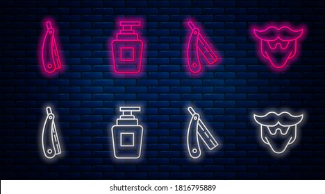 Fijar la línea Botella de champú, afeitar recta, afeitar recta y bigote y barba. Icono de neón brillante en la pared de ladrillo. Vector