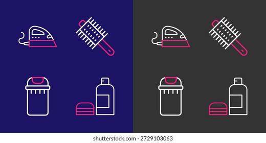 Set línea Botella de champú, cubo de basura, cepillo de pelo y hierro eléctrico icono. Vector