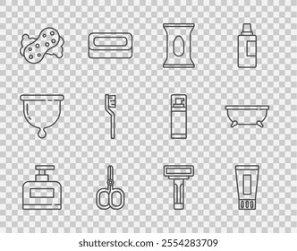 Set line Bottle of shampoo, Tube toothpaste, Wet wipe pack, Nail scissors, Sponge, Toothbrush, Shaving razor and Bathtub icon. Vector