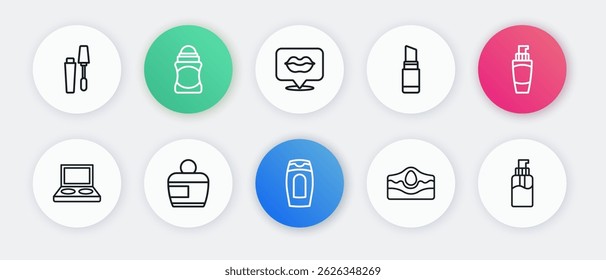 Set line Bottle of shampoo, Tube hand cream, Eye shadow palette with brush, Acne, Lipstick, Smiling lips, liquid soap and Cream or lotion cosmetic tube icon. Vector