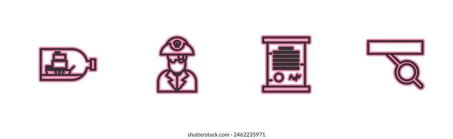 Set line Bottle with ship inside, Decree, parchment, scroll, Pirate captain and eye patch icon. Vector