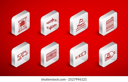 Botella con el barco dentro, pistolas de Antiguas, barco, barril de madera, lente del telescopio de Spyglass, decreto, pergamino, pergamino, pergamino, cofre del tesoro antiguo y icono de balas de cañón. Vector