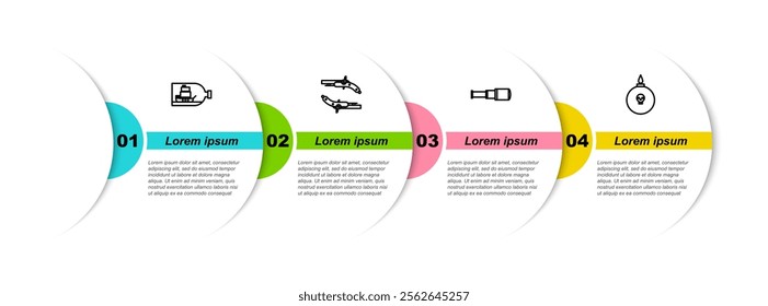 Set line Bottle with ship inside, Vintage pistols, Spyglass telescope lens and Bomb ready explode. Business infographic template. Vector