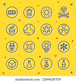 Set line Bottle, Snowflake, Radioactive, Sun, Worldwide, Hand wash laundry, Battery and Medical symbol of the Emergency icon. Vector