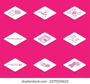 Set line Bottle with virus, Bacteria bacteriophage, Virus spread, Pipette, Clipboard blood test results, Test tube and flask, Syringe and Reddish eye due to icon. Vector