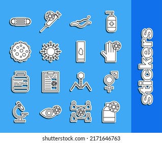 Set line Bottle with virus, Gender, Hand, Ebola disease, Virus, Medical protective mask and Blood test icon. Vector
