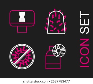 Set line Bottle with virus, Stop, Rabies and DNA spiral and computer icon. Vector
