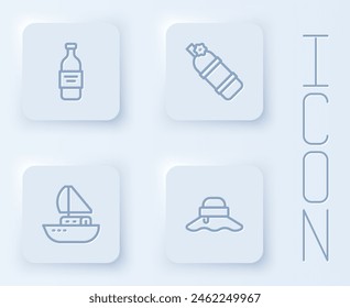 Set line Bottle of vodka, Aqualung, Yacht sailboat and Fisherman hat. White square button. Vector