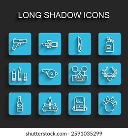 Set line Bottle of vodka, Camping gas stove, Pistol or gun, Hiking backpack, Paw print, Whistle, Deer antlers on shield and Tourist tent icon. Vector