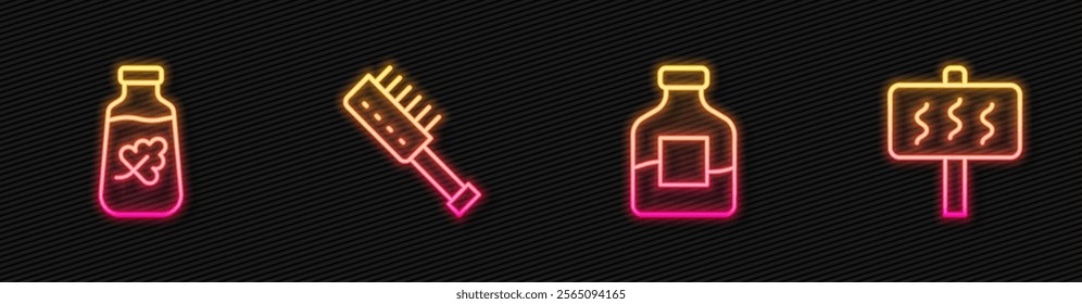 Set line Bottle of vodka, Essential oil bottle, Sauna brush and . Glowing neon icon. Vector