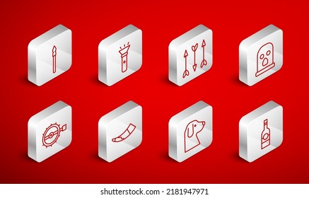 Set line Bottle of vodka, Flashlight, Hipster arrows, Balaclava, Dog, Medieval spear, Hunting horn and Trap hunting icon. Vector