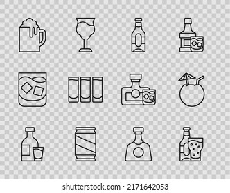 Fija la línea Botella de vodka con vidrio, botella de cerveza y lata, taza de cerveza de madera, Shot, Tequila e ícono de cóctel de coco. Vector