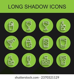 Set line Bottle of vodka with glass, Glass champagne, beer, Alcohol drink Rum, Cocktail shaker, Shot and Beer can icon. Vector