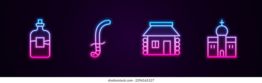 Set line Bottle of vodka, Medieval sword, Ukrainian house and Church building. Glowing neon icon. Vector