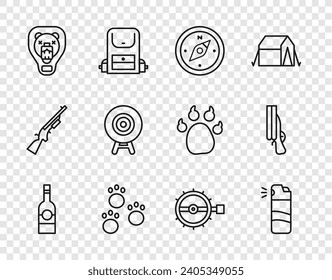Fijar la línea Botella de vodka, spray de pimienta, brújula, huella de pata, Oso cabeza en escudo, Deporte objetivo, caza de trampas e icono de escopeta. Vector