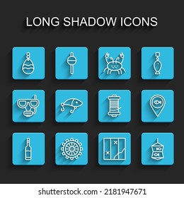 Set line Bottle of vodka, Ship steering wheel, Fishing spoon, Folded map, net with fish, lure, Location fishing and Spinning reel for icon. Vector