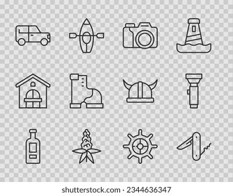 Set line Bottle of vodka, Swiss army knife, Photo camera, Lupine flower, Car, Winter warm boot, Ship steering wheel and Flashlight icon. Vector