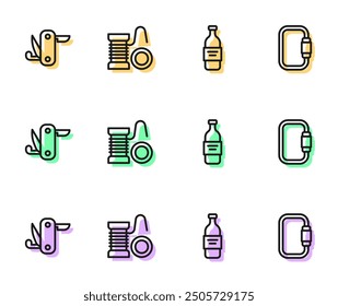 Botella de vodka, cuchillo suizo del ejército, carrete giratorio para la pesca y el icono del mosquetón. Vector