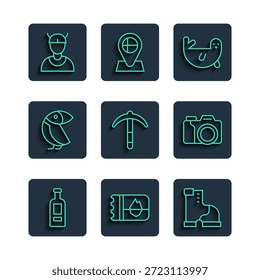 Set line Bottle of vodka, Ticket in Iceland, Winter warm boot, Fur seal animal, Pickaxe, Albatross, Viking head and Photo camera icon. Vector