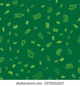 Set line Bottle of vodka, Tree and Norwegian wooden house on seamless pattern. Vector