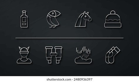 Set line Bottle of vodka, Viking head, Beanie hat, Northern lights, Binoculars, Albatross, Socks and Horse icon. Vector