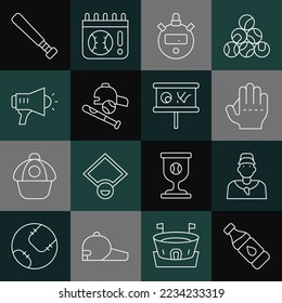 Set line Bottle of water, Baseball coach, glove, Stopwatch, bat with ball, hat, Megaphone,  and Planning strategy icon. Vector
