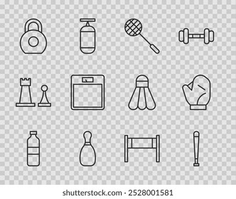 Set line Bottle of water, Baseball bat, Tennis racket, Bowling pin, Kettlebell, Bathroom scales, Volleyball net and glove icon. Vector