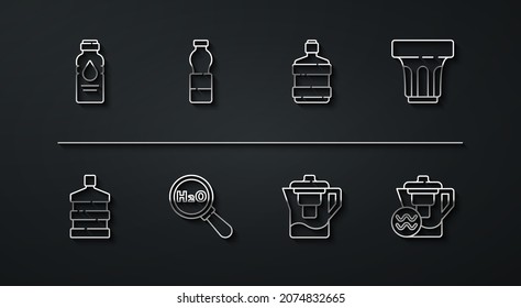 Set line Bottle of water, Big bottle with clean, Glass, Water jug filter, Chemical formula for H2O,  and  icon. Vector