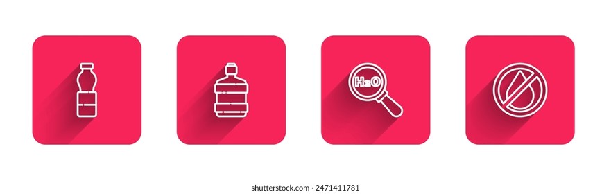 Set line Bottle of water, Big bottle with clean, Chemical formula for H2O and Water drop forbidden with long shadow. Red square button. Vector