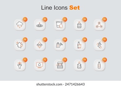Set line Bottle of water, Big bottle with clean, Well, Water drop location, Fountain, Test tube, glass and Watering can icon. Vector