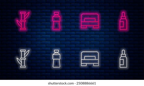 Set line Bottle of water, Big bed, Bamboo and Essential oil bottle. Glowing neon icon on brick wall. Vector