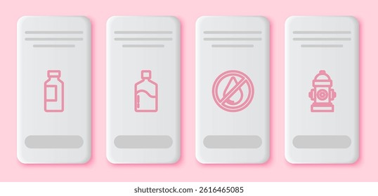 Set line Bottle of water, Big bottle with clean, Water drop forbidden and Fire hydrant. White rectangle button. Vector