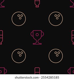 Set line Bottle of water, Bowling ball and Award cup on seamless pattern. Vector