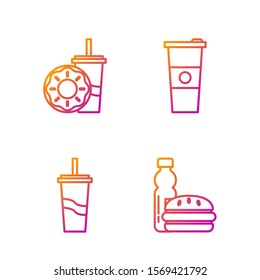 Set line Bottle of water and burger, Paper glass with drinking straw and water, Paper glass with drinking straw and donut and Paper glass and water. Gradient color icons. Vector